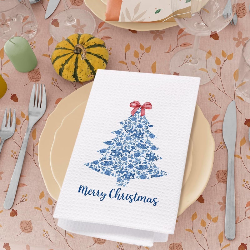 SPBL&L Merry Christmas Tree Kitchen Towels, Blue and White Chinoiserie Hand Towels for Bathroom, Red Bow Dish Towels, Kitchen Bathroom Decor, 16x24 Inch - Image 3